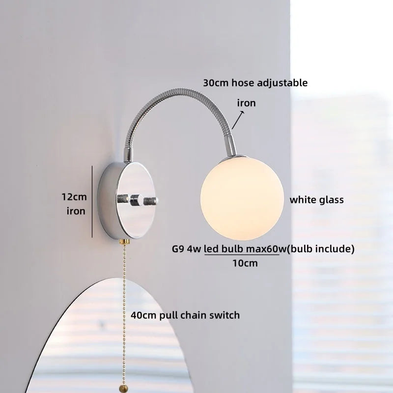 Helnys Glass Ball LED Wall Lamps Black Hose Adjustable Square Wood Bathroom Lights