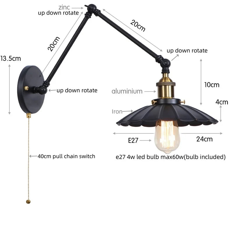Helnys Adjustable Black Iron LED Wall Light - Industrial Vintage Bedside Lamp