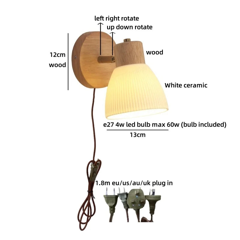 Helnys Japanese Style LED Wall Light Fixture Ceramic Wood Bedside Lamp