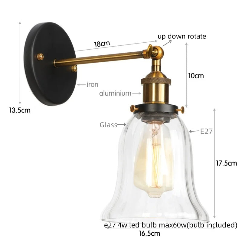 Helnys Vintage LED Glass Wall Sconce with Pull Chain Switch