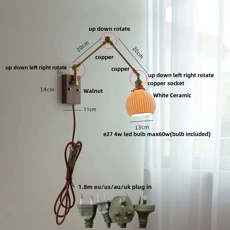 Helnys LED Swing Arm Wall Lamps Nordic Modern Ceramic Stair Light