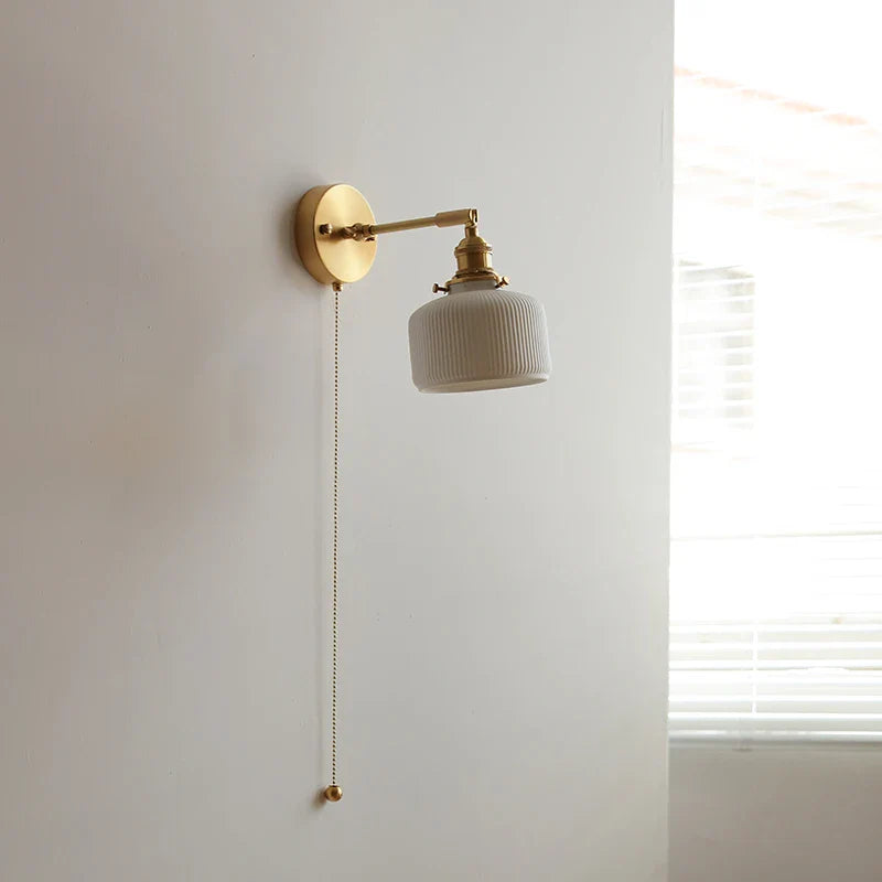 Helnys Nordic Ceramic Copper LED Wall Lamp with Pull Chain Switch, Adjustable for Bathroom Mirror