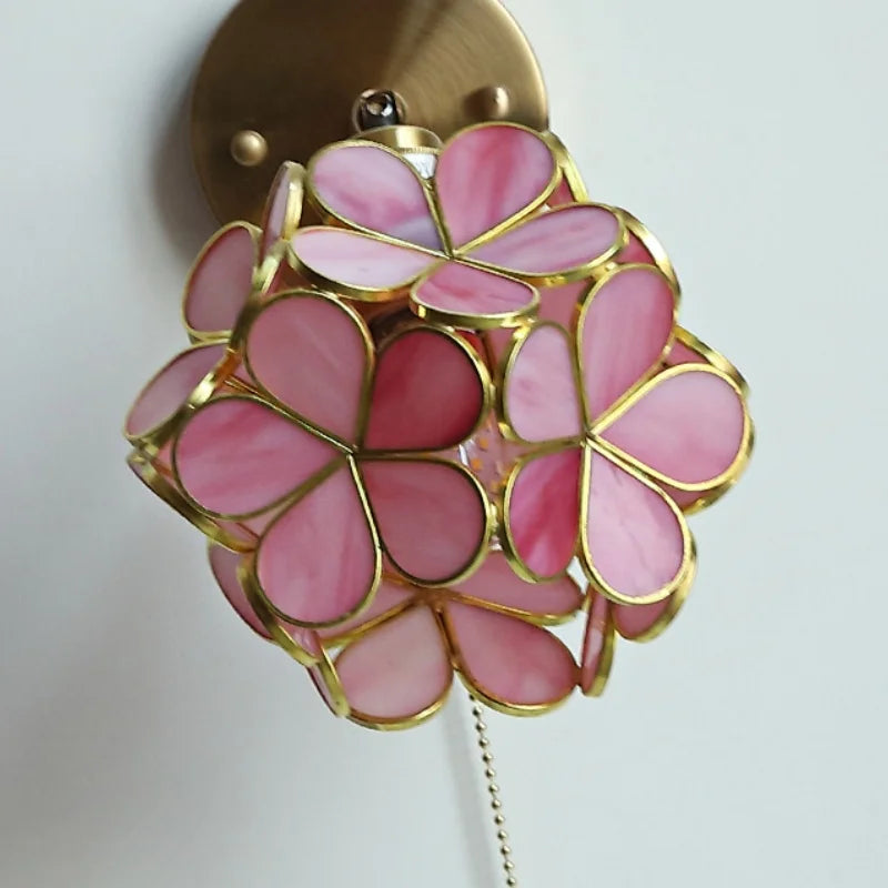 Helnys Pink Flower Glass LED Wall Light Fixture Rotate Copper Wall Lights