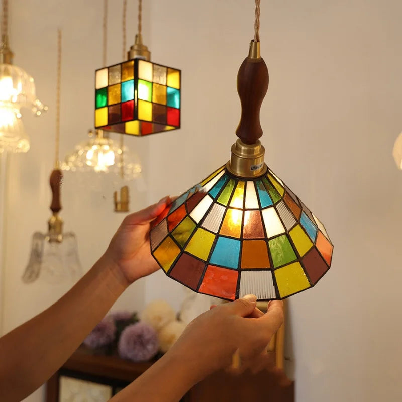 Helnys Vintage Glass LED Pendant Light Fixture Bar Living Room Restaurant Brass Wood