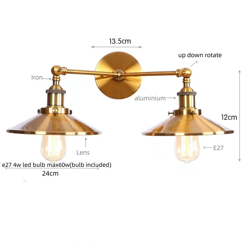 Helnys Dual LED Wall Light: Industrial Vintage Plug-In Lamp, Adjustable Loft Lighting
