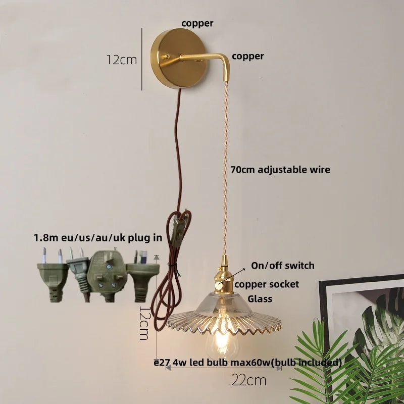 Helnys Glass LED Wall Light Fixture with Adjustable Wire, Pull Chain Switch, Vintage Design