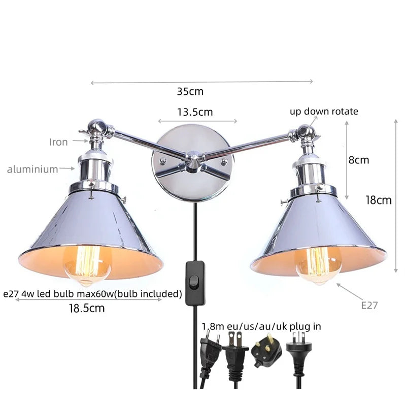 Helnys Loft Iron LED Wall Lamp 2 Heads Vintage Industrial Style Up Down Light
