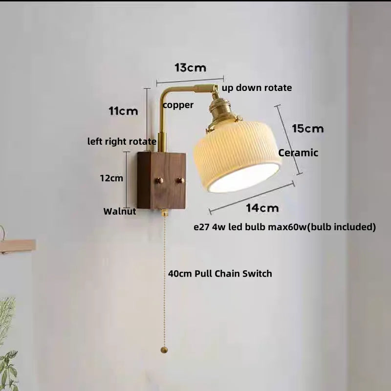 Helnys LED Wall Light Fixture Walnut Wood Copper Bedside Lamp Rotation Dining Room