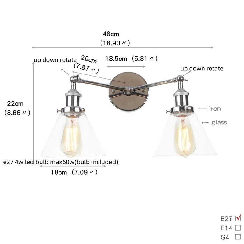 Helnys Retro LED Wall Light Fixtures with Pull Chain Switch, Industrial 2 Heads Sconce