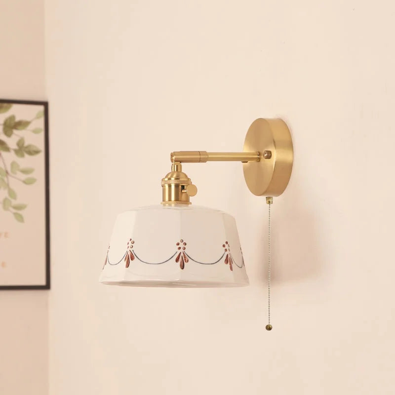 Helnys Ceramic LED Wall Lamp with Pull Chain Switch - Up Down Rotate Copper Mirror Light