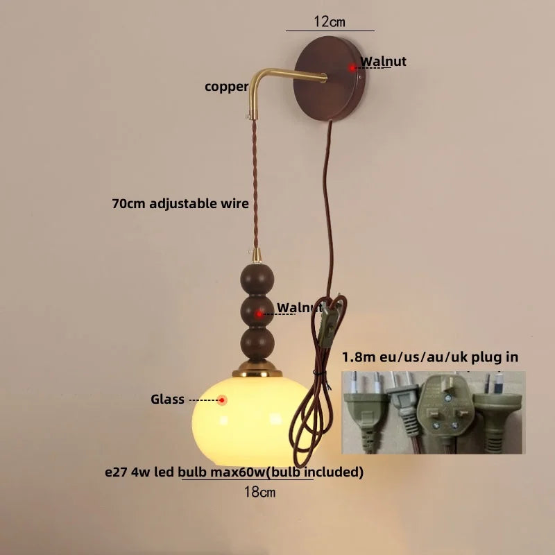 Helnys Adjustable Wood Glass Wall Lights with Pull Chain Switch for Aisle Study Dining