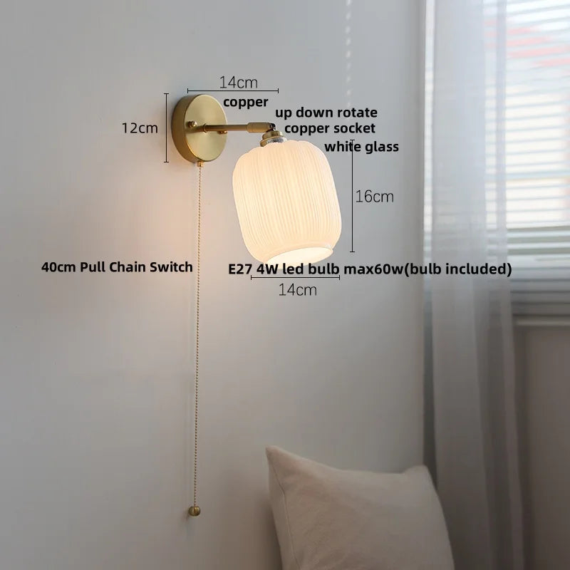 Helnys Copper LED Wall Lamp with Pull Chain Switch & Rotatable Glass Mirror Light