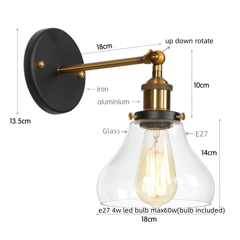 Helnys Red Bronze LED Wall Lamp Pull Chain Switch Clear Glass Vintage Retro Stair Light