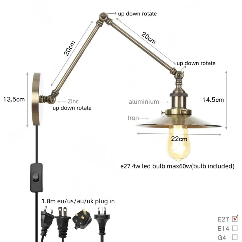 Helnys Vintage Industrial Style Long Arm LED Wall Sconce Bedside Lamp
