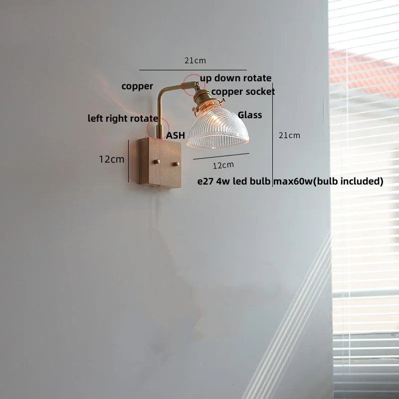 Helnys Brass Walnut Wood LED Wall Sconce Rotatable Glass Stair Light