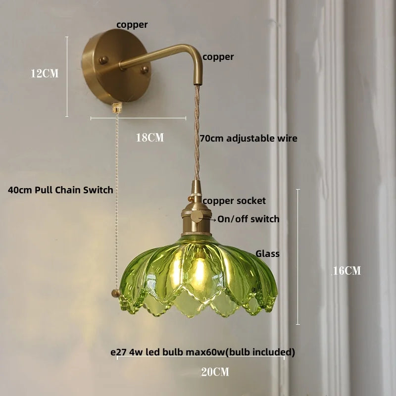 Helnys LED Wall Lights with Pull Chain Switch and Clear Glass Up Down Rotate Copper Finish