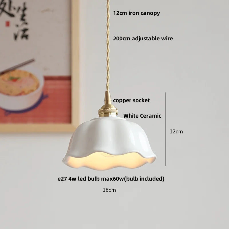 Helnys Flower Ceramic LED Pendant Lamp with Copper Socket, Adjustable Modern Hanging Light