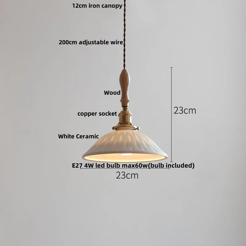 Helnys Adjustable LED Pendant Lights Ash Wood White Ceramic Nordic Hanging Lamp