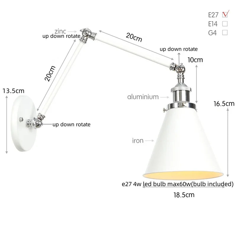 Helnys Vintage White LED Wall Sconce with Pull Chain Switch