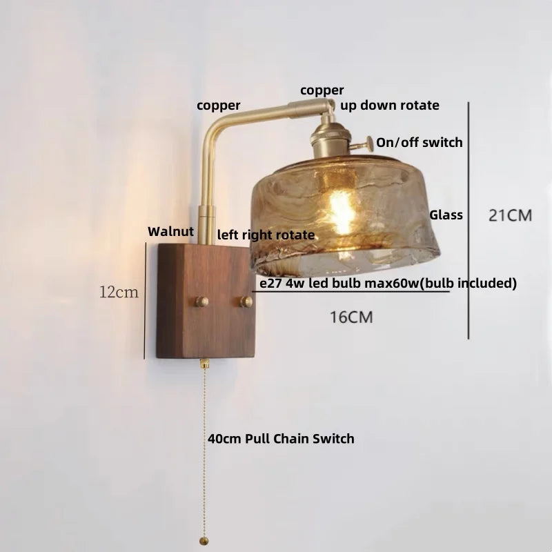Helnys LED Wall Light Fixture Walnut Wood Copper Bedside Lamp Rotation Dining Room