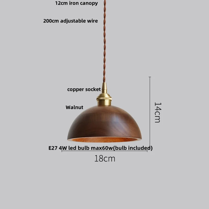 Helnys Ash Wood LED Pendant Lamp with Copper Socket - Adjustable Hanging Lights