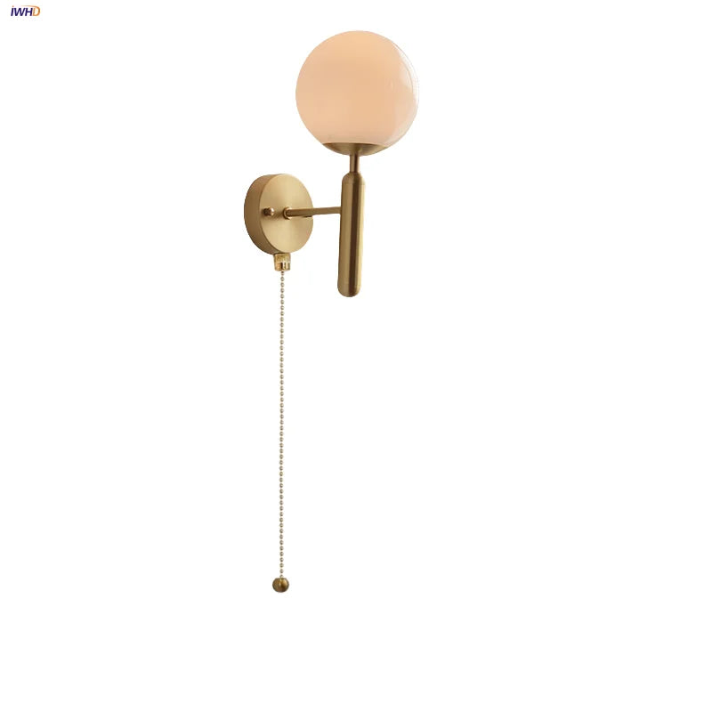 Helnys White Glass LED Wall Sconce with Pull Chain Switch & Copper Base