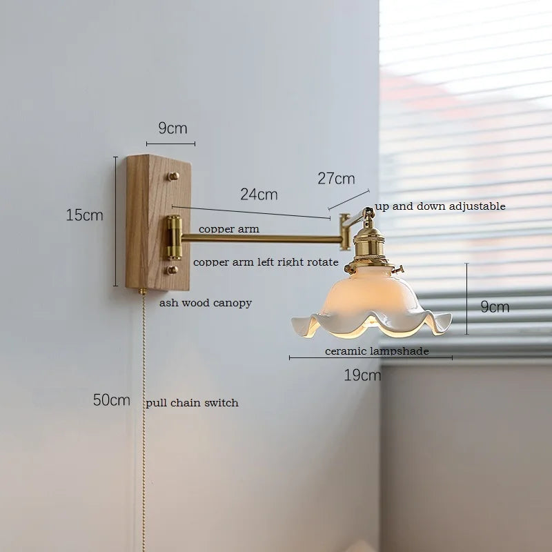 Helnys Flower Ceramic LED Wall Light Copper Arm Sconce - Modern Home Decor
