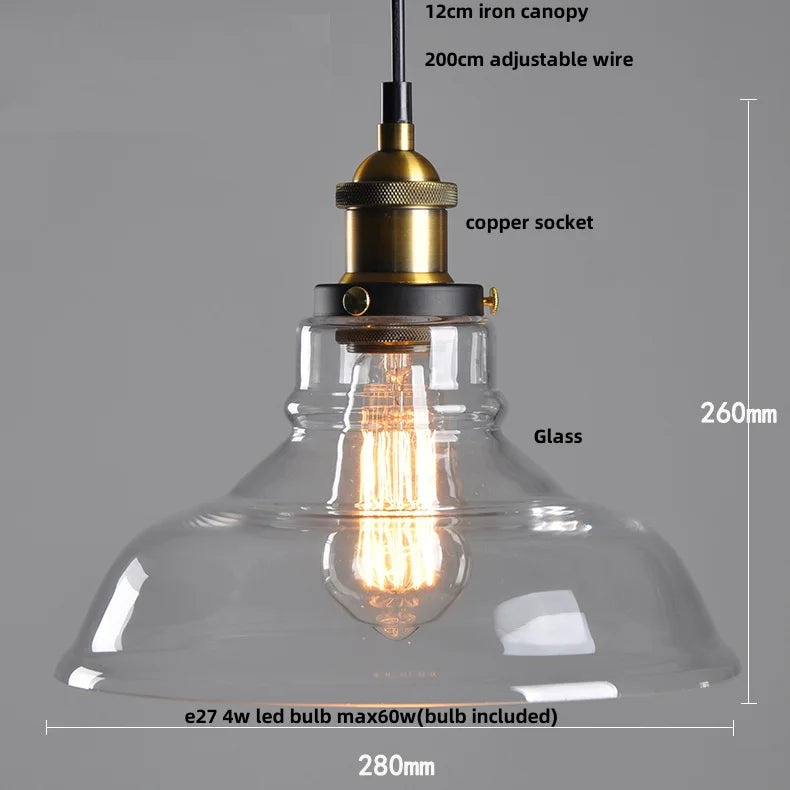 Helnys Loft Smoke Gray LED Pendant Lamp Brass Glass Vintage Hanging Light