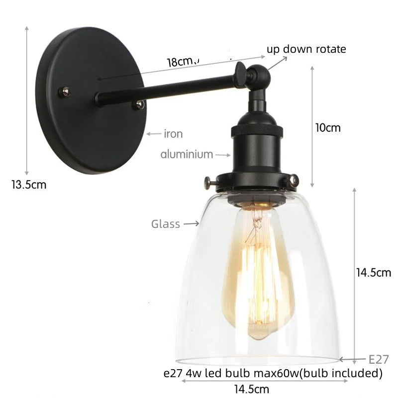 Helnys LED Wall Lamp Single Arm Glass Iron Vintage Retro Stair Light