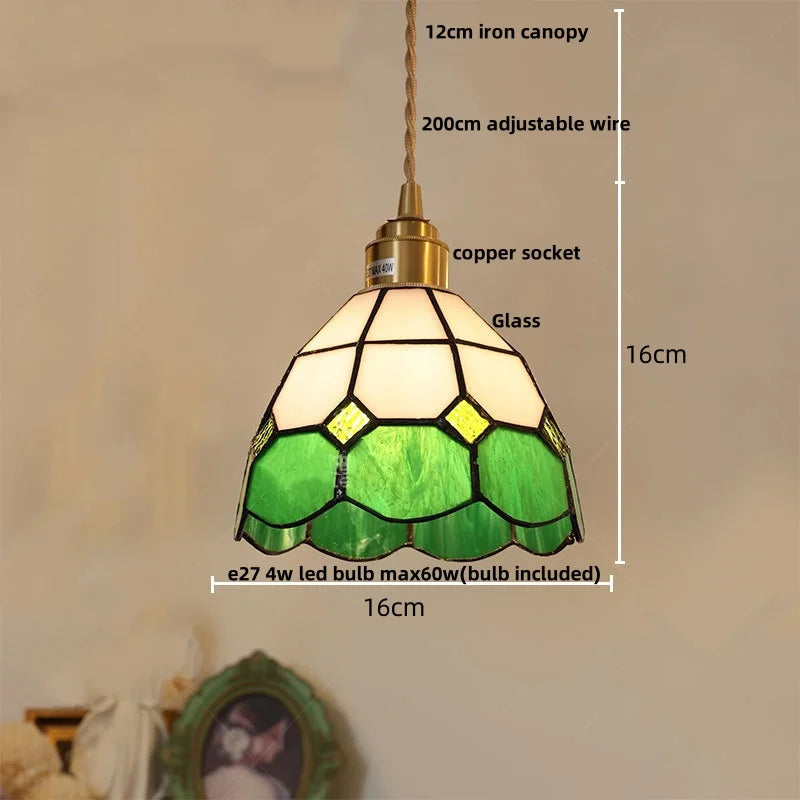 Helnys Tiffany Style Glass Pendant Light Fixture with Walnut Wood Finish