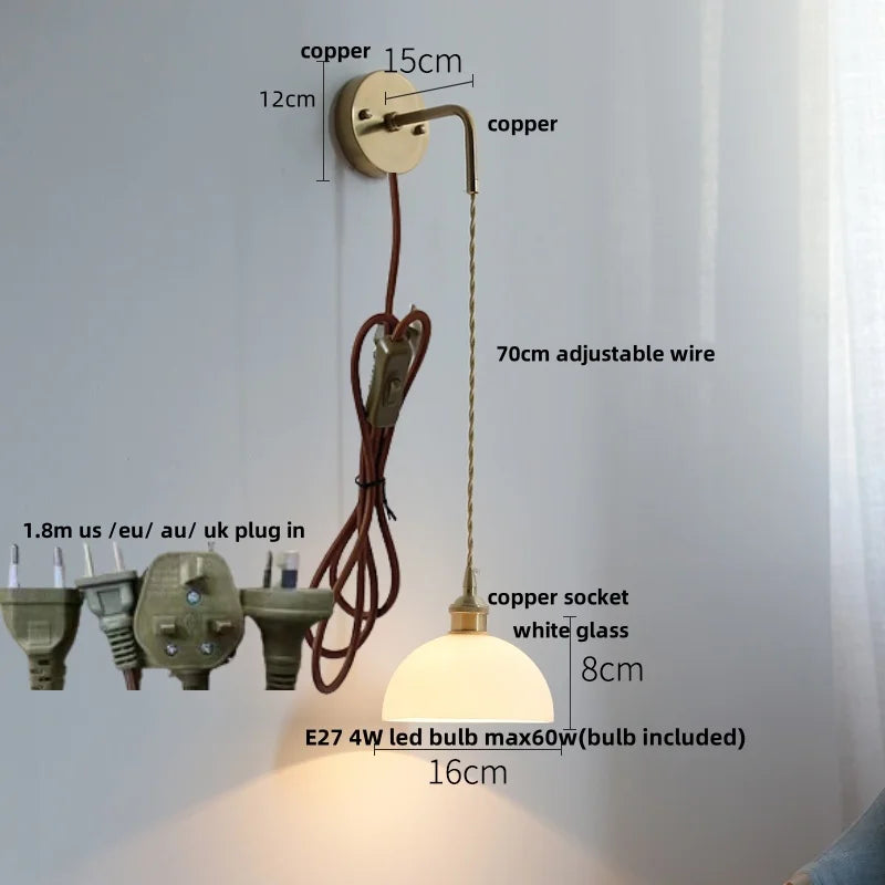 Helnys Nordic LED Wall Light Pull Chain Switch Glass Adjustable Stair Sconce