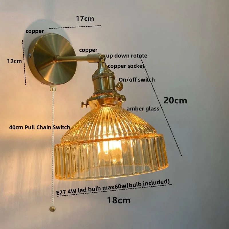 Helnys Copper Socket LED Wall Lamp Clear Glass Pull Chain Switch
