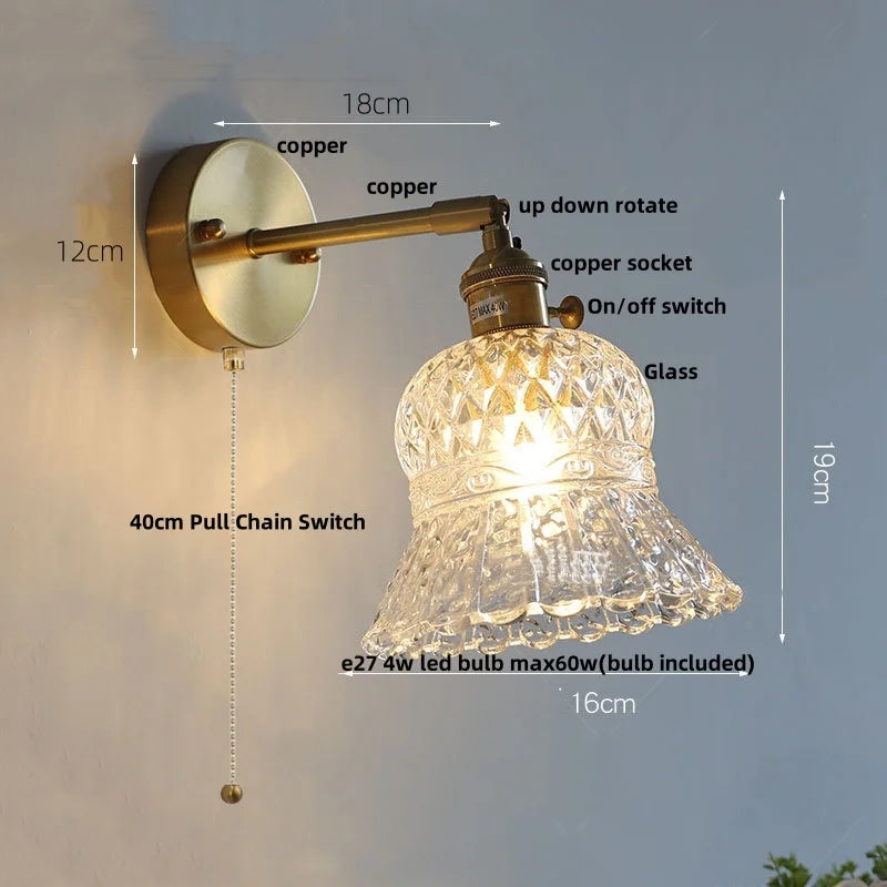 Helnys Nordic LED Wall Light Clear Glass Pull Chain Switch Bedside Lamp