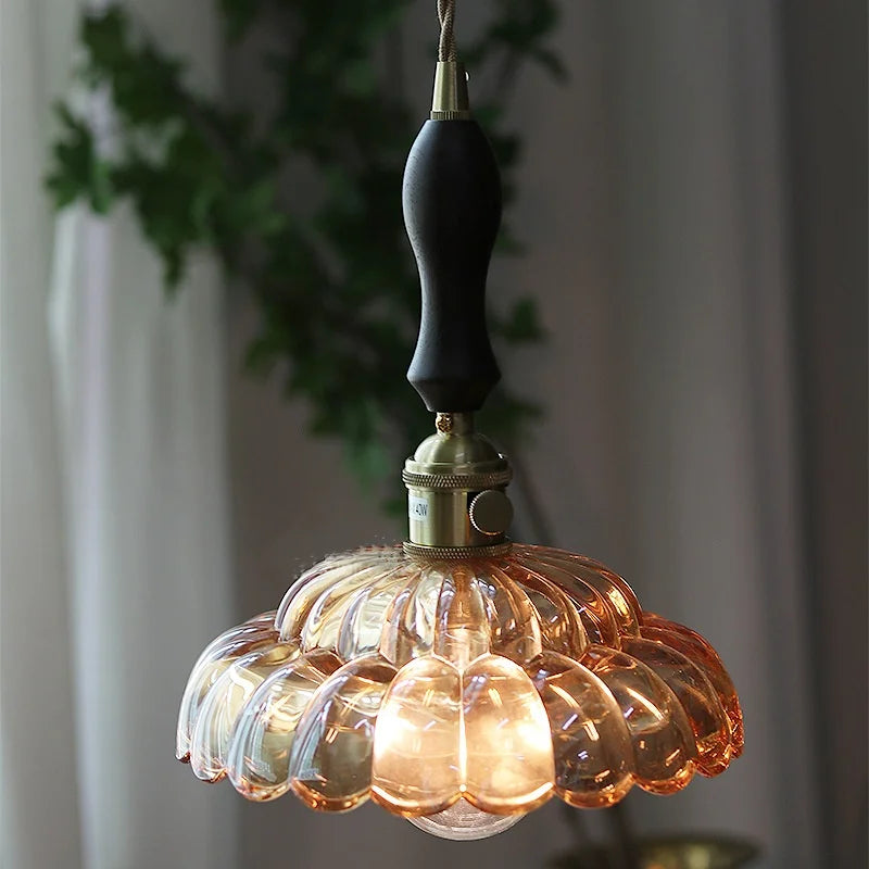 Helnys Walnut Wood LED Pendant Lamp with Amber Glass Kitchen Light