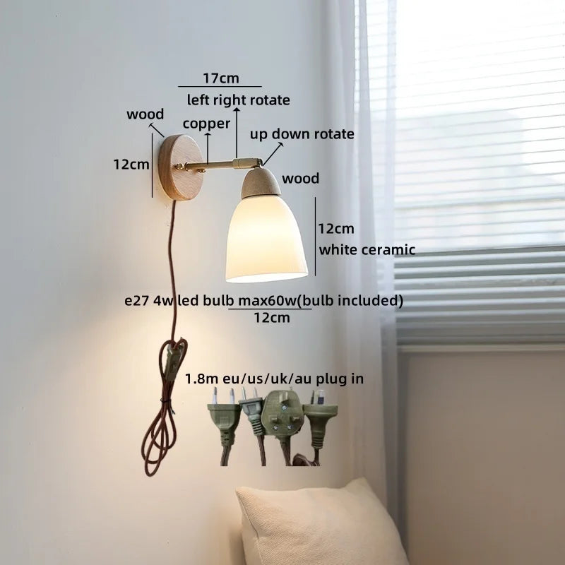Helnys White Ceramic LED Wall Sconce Lamp Wooden Socket Stair Light Fixtures