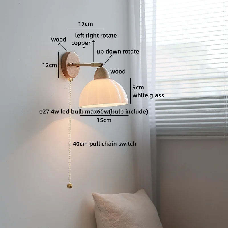 Helnys Nordic LED Wall Light Copper Arm White Glass Bedside Lamp