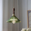 Helnys Walnut Wood LED Pendant Light Fixture with Adjustable Green Glass