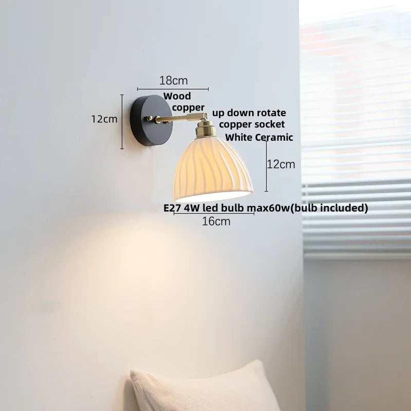 Helnys Ceramic LED Wall Light, Modern Nordic Rotate Wood Bedside Lamp