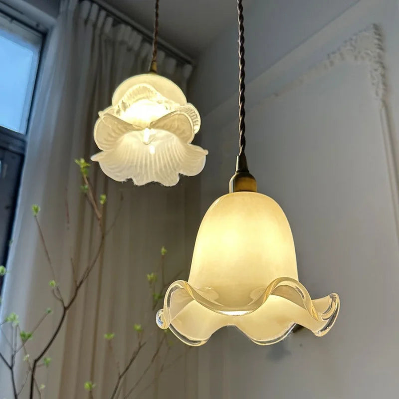 Helnys Flower Glass Pendant Light Fixture, Copper Socket LED Hang Lamp for Home Decor