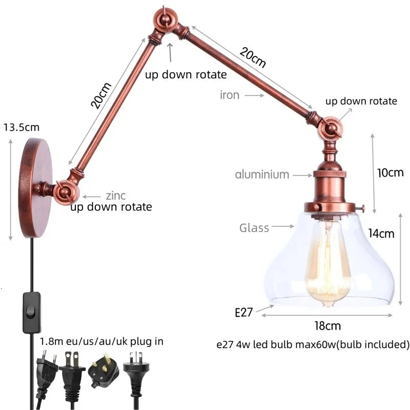 Helnys Retro Loft LED Wall Light Fixture Industrial Glass Indoor Lamp