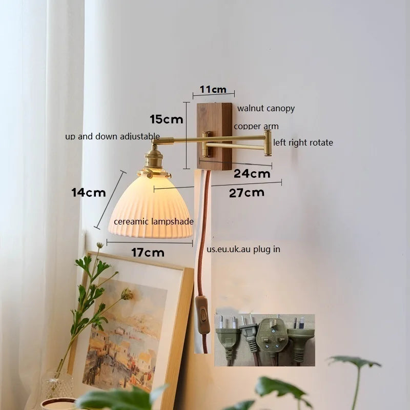 Helnys Walnut Canopy Copper LED Wall Lamp with Rotate Ceramic Lampshade