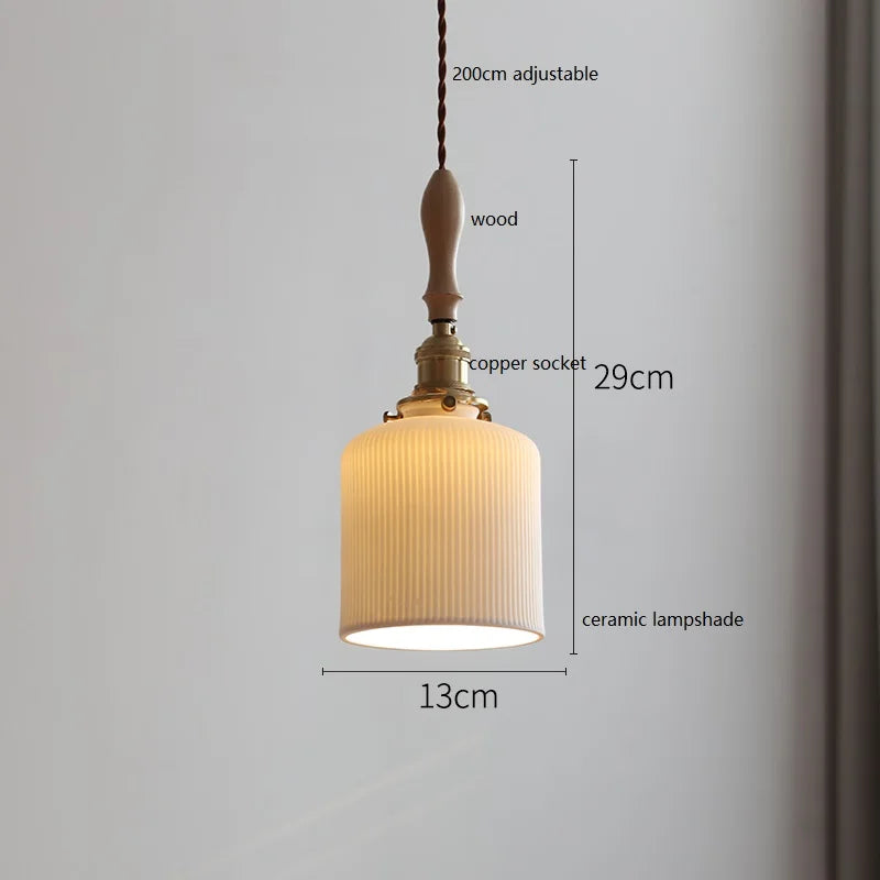 Helnys Ceramic LED Pendant Lights, Wood Copper Socket Hanging Lamp for Home Decor