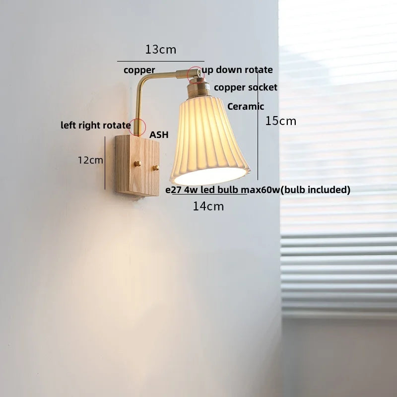 Helnys Ash Wood LED Wall Light with Pull Chain Switch & Rotatable White Glass