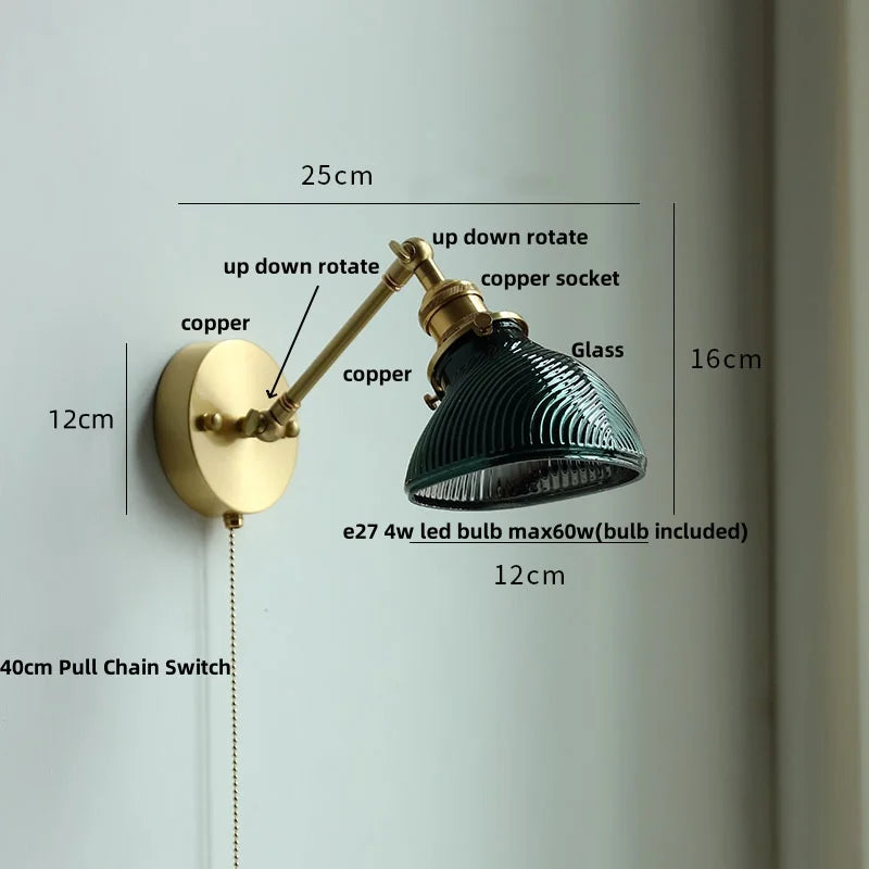 Helnys Brass Swing Arms LED Wall Light, Modern Nordic Clear Glass Bedside Lamp