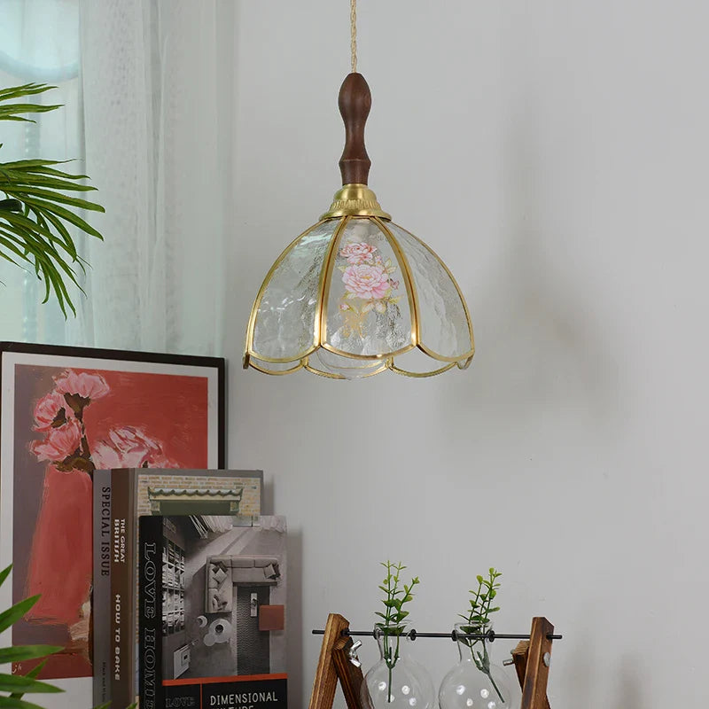 Helnys Nordic LED Pendant Lamp Walnut Tiffany Glass Copper Hanging Light