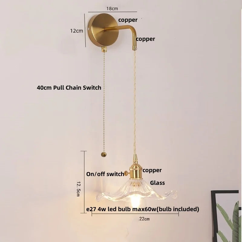 Helnys Copper LED Glass Wall Sconce Pull Chain Switch Adjustable Mirror Light