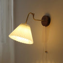 Helnys Walnut Base LED Wall Light with Pull Chain Switch and Rotating Copper Lampshade