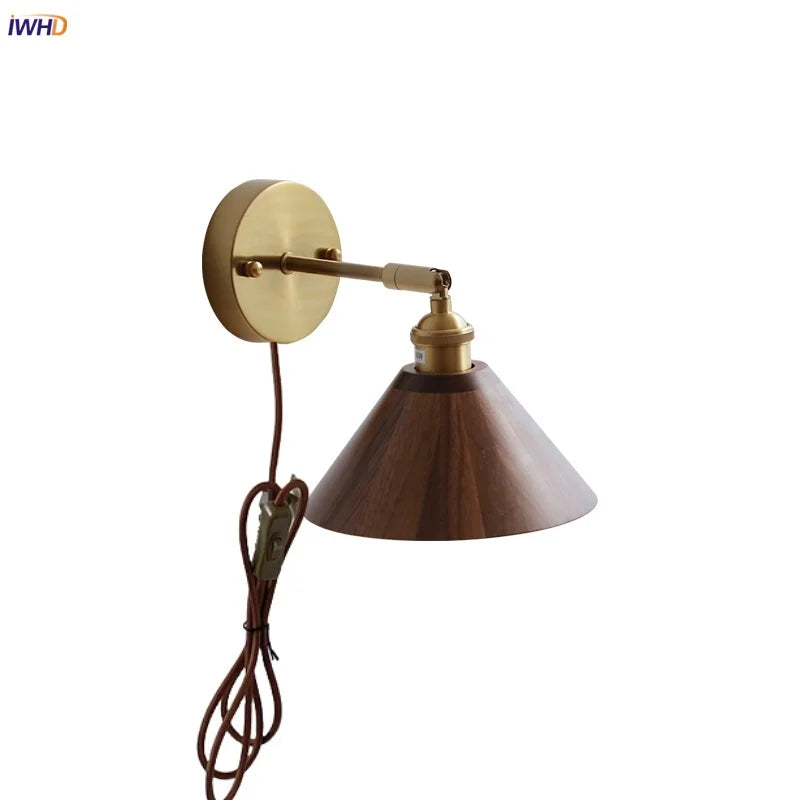 Helnys Nordic Walnut Wood Copper LED Wall Sconce Up Down Rotatable Bedside Lamp
