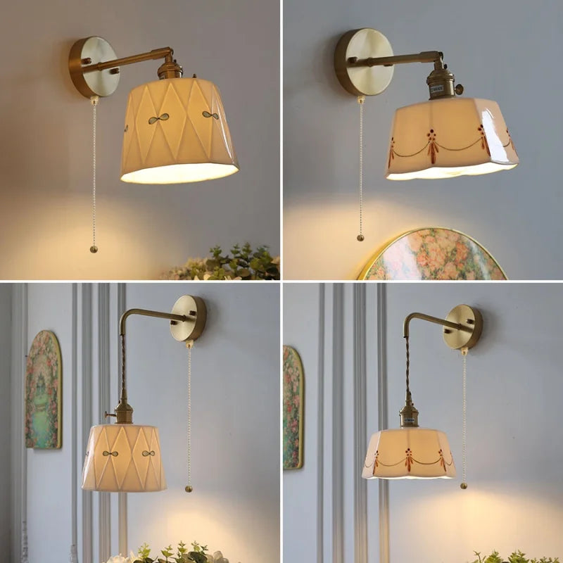 Helnys LED Ceramic Brass Wall Light Fixture Pull Chain Switch Bedside Lamp