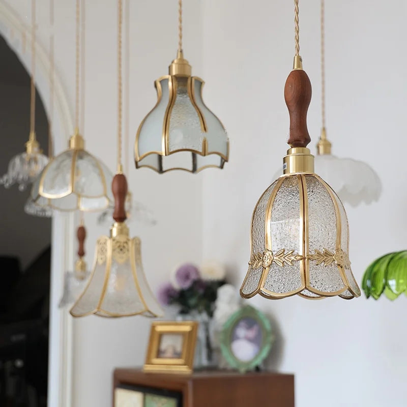 Helnys Tiffany Style LED Walnut Wood Copper Glass Pendant Light for Dining Room